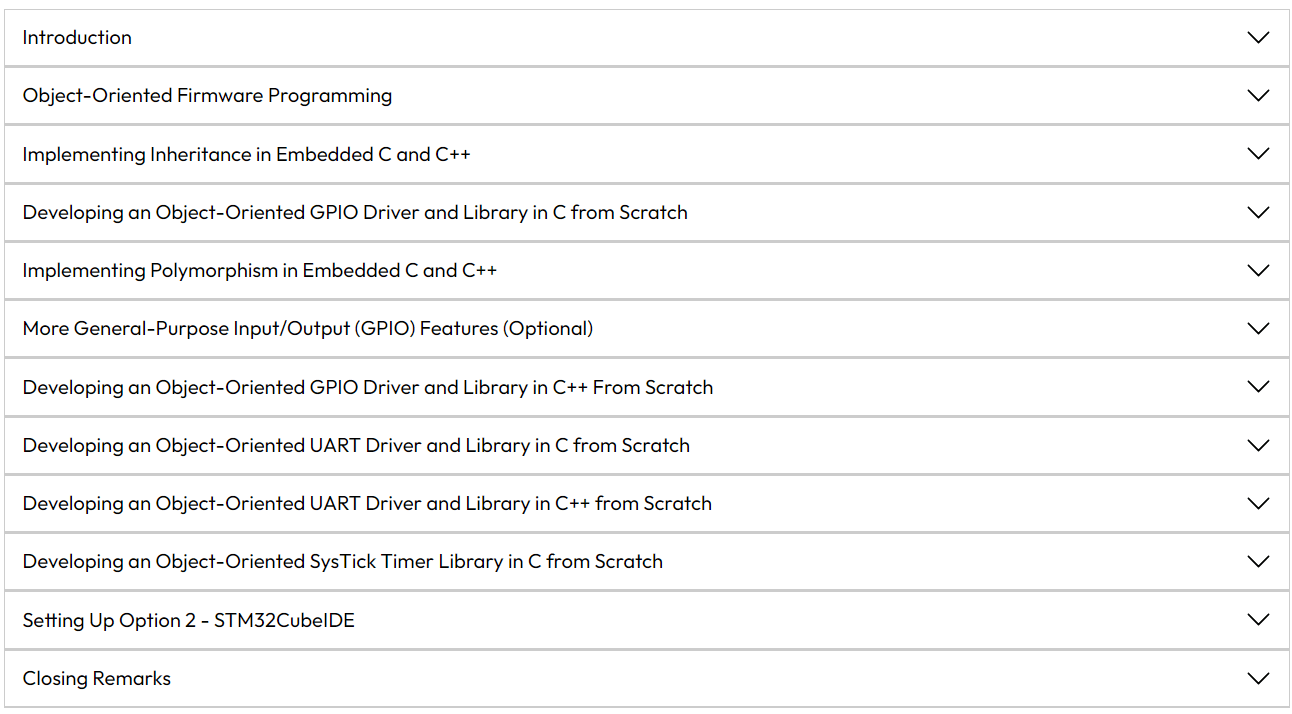Course topics · Packt — packtpub – Embedded Systems Object-Oriented Programming in C and C++: Learn end-to-end firmware and driver development, from datasheet to embedded C and C++, with UART, GPIO, and TIMER 2020-8