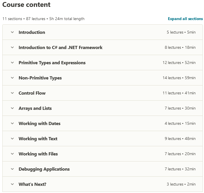 Course topics · Udemy — C# Basics for Beginners: Learn C# Fundamentals by Coding 2020-12