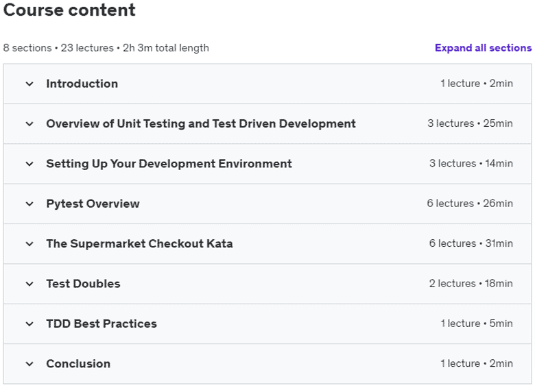 Course topics · Udemy — Unit Testing and Test Driven Development in Python 2019-1