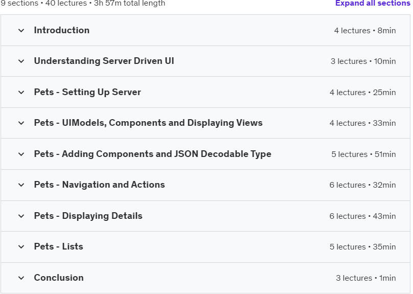 Course topics · Udemy — Introduction to Server Driven UI in iOS, Swift & SwiftUI 2024-4