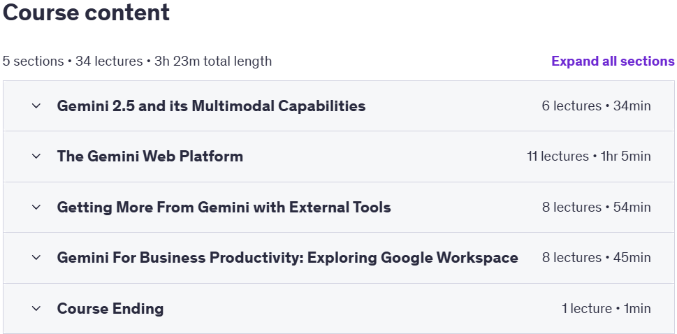 Course topics · Google Gemini 2.5: Master AI for Smarter Work & Productivity 2025-8