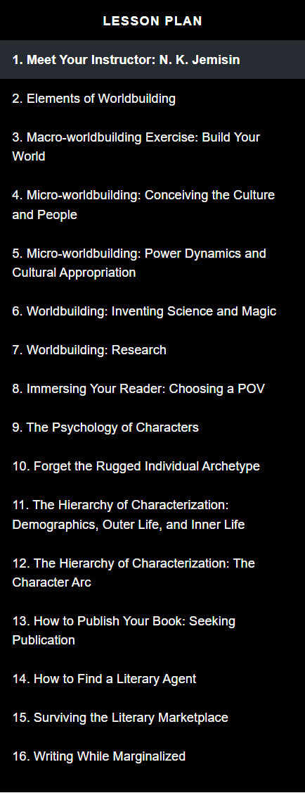 Course topics · MasterClass — N. K. Jemisin Teaches Fantasy and Science Fiction Writing 2021-9