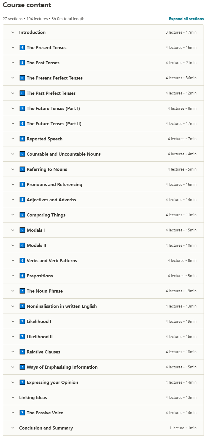 Course topics · Udemy — IELTS Step-by-step | Mastering Grammar 2020-8