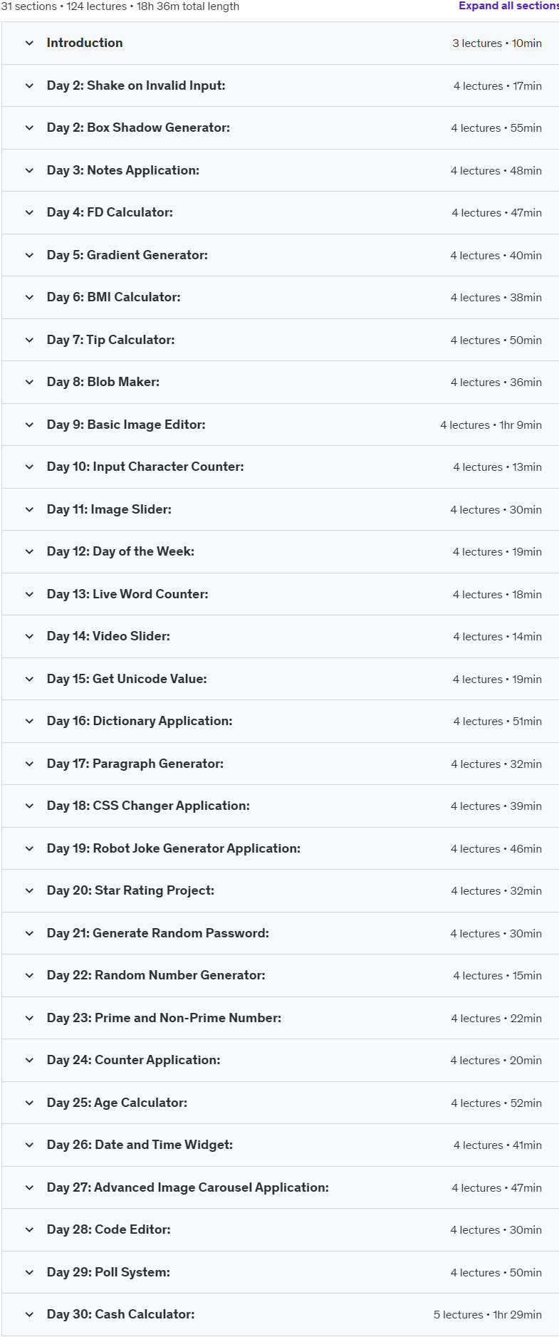 Course topics · Master JavaScript, HTML, and CSS with 30 Projects in 30 Days 2024-6