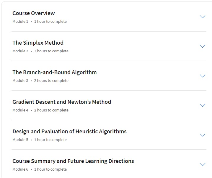 Course topics · Coursera — Operations Research (2): Optimization Algorithms 2023-11