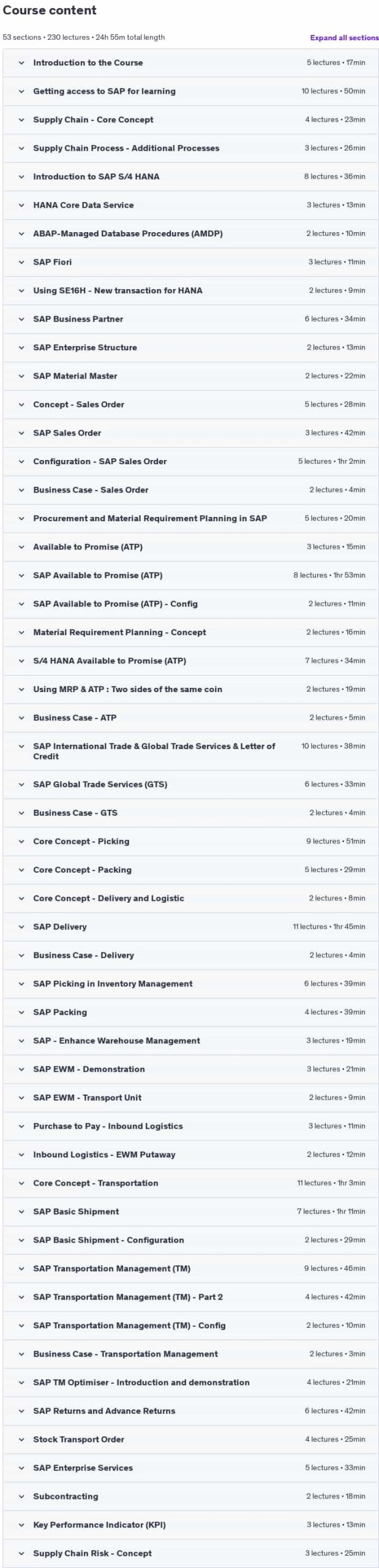 Course topics · Udemy — SAP : Supply Chain Logistics & Transportation in S/4 HANA 2025-1