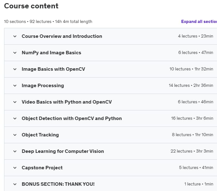Course topics · Python for Computer Vision with OpenCV and Deep Learning 2021-3