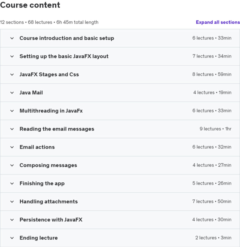Course topics · Udemy — Advanced Java programming with JavaFx: Write an email client 2021-4