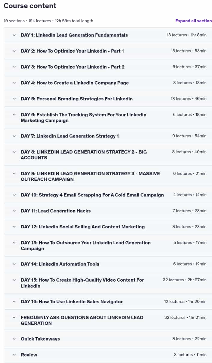 Course topics · LinkedIn Marketing & Lead Generation Bootcamp for B2B Sales 2025-6