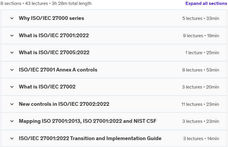 Course topics · ISO 27001:2022 Audit and Implementation 2024-9