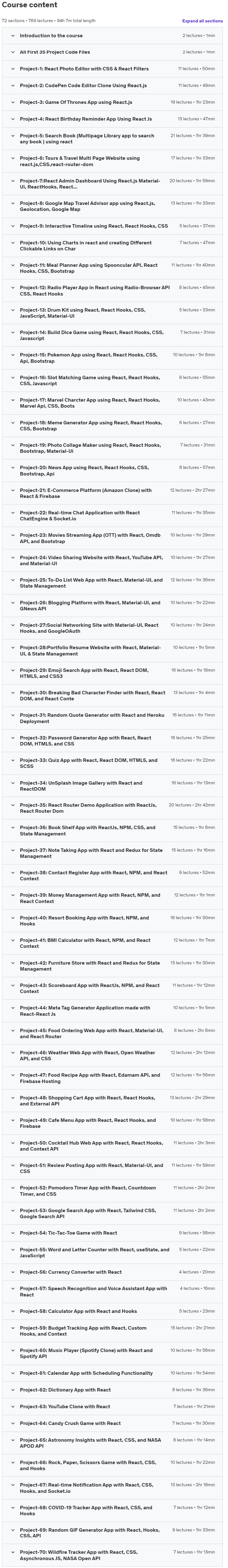 Course topics · Udemy — React Marathon: 70 Hands-On React Web Development Projects 2023-11
