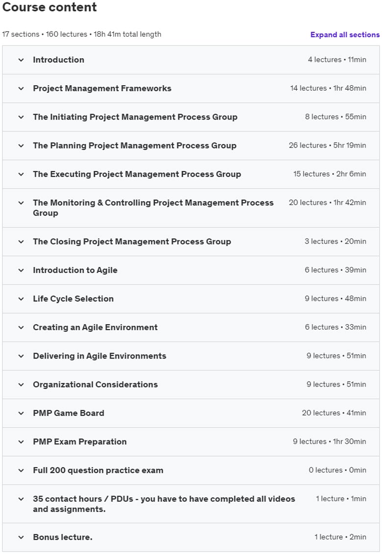Course topics · Udemy — PMP: The Complete PMP Course & Practice Exams 2022-11
