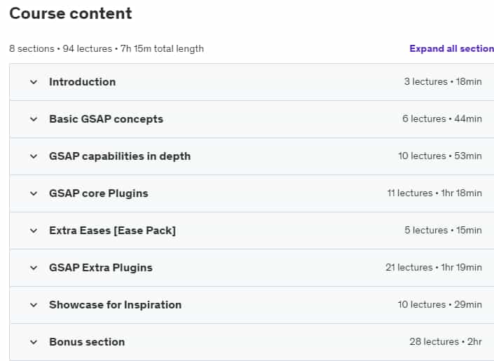 Course topics · Creative Web Animation with GSAP 3 [ JavaScript SVG CSS ] 2024-7