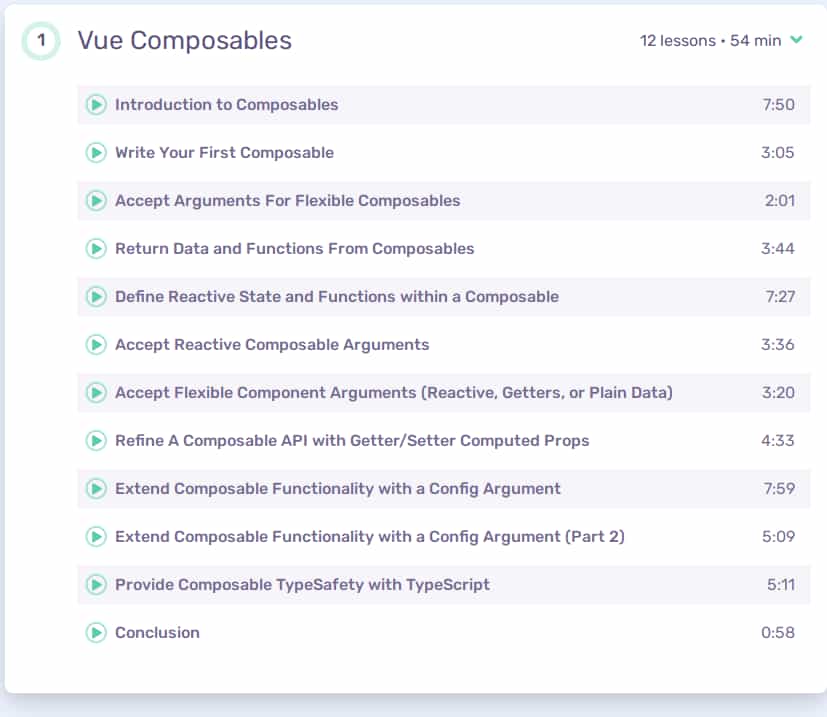 Course topics · Vueschool – Vue Composables: How to Craft Reusable Stateful Logic 2024-9