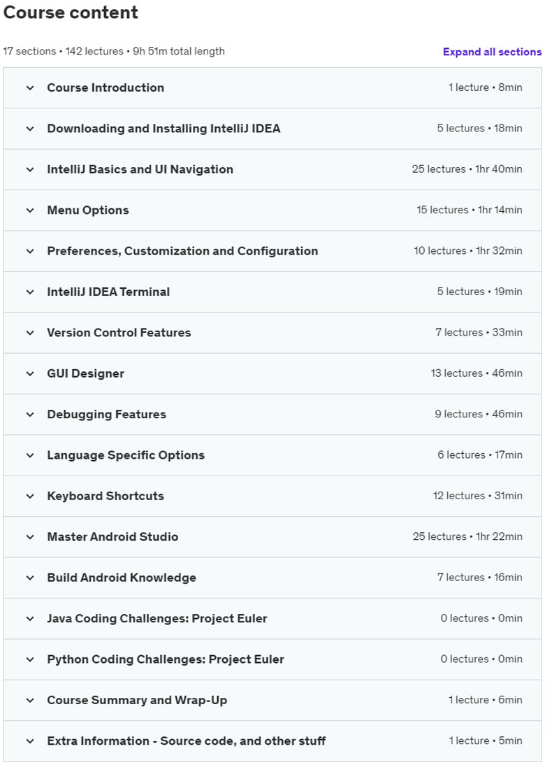 Course topics · Udemy — Mastering Intellij IDEA and Android Studio 2020-1