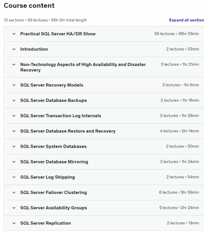 Course topics · SQL Server High Availability and Disaster Recovery (HA/DR) 2024-7