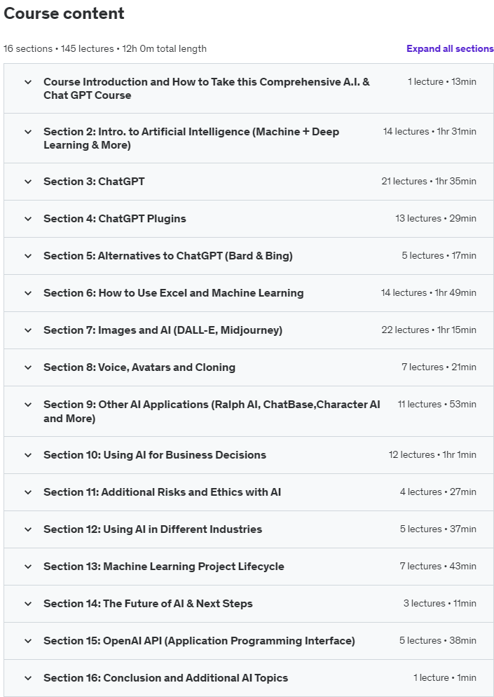 Course topics · Udemy — The Complete Artificial Intelligence and ChatGPT Course 2023-7