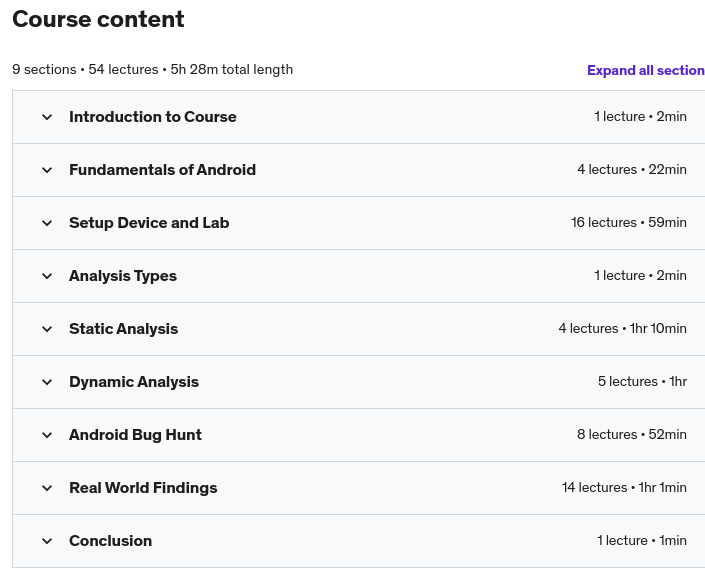 Course topics · Udemy — Android Applications Hacking for Bug Bounty and Pentesting 2022-10