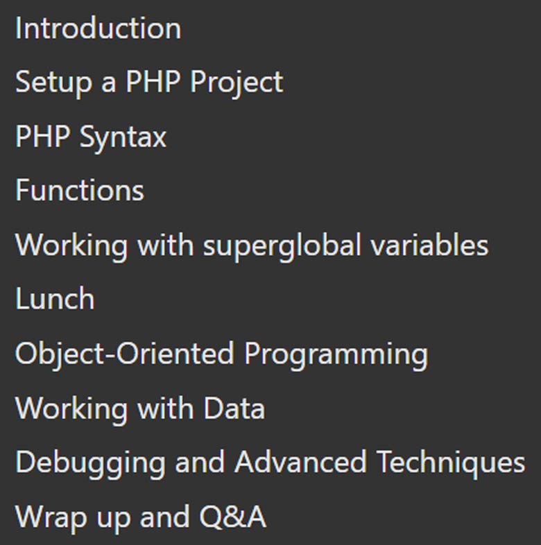 Course topics · PHP Fundamentals 2024-6