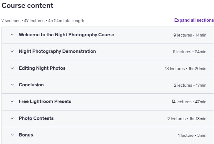 Course topics · Udemy — Night Photography: Stunning Night Photography the Easy Way 2025-3