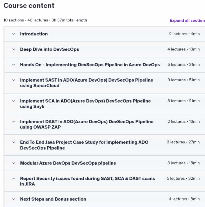 Course topics · Udemy — DevSecOps with Azure DevOps: Secure CI/CD with Azure DevOps 2025-4