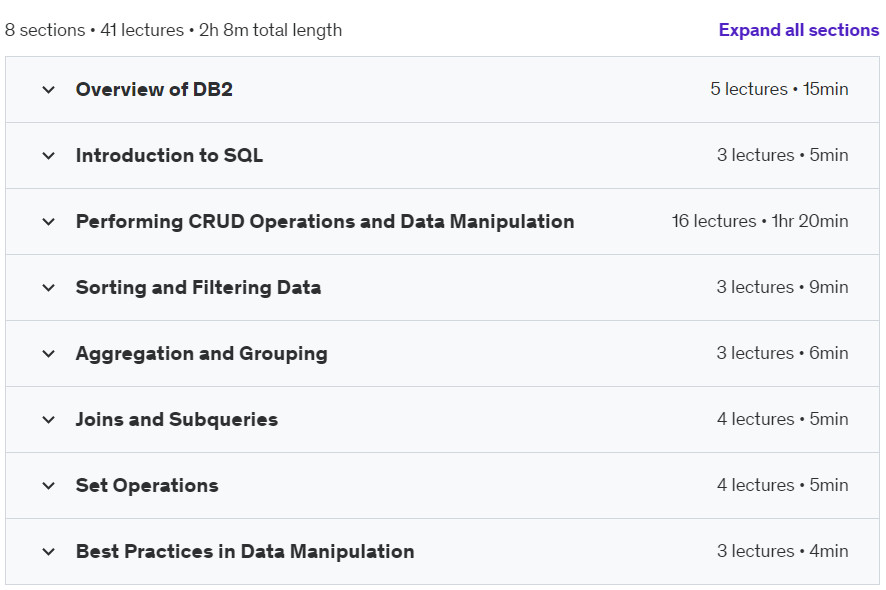 Course topics · Mastering DB2 Data Manipulation : DB2 Database, Data Studio 2024-7