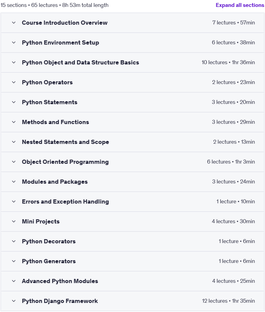 Course topics · Complete Python from Scratch: Start your career in Python 3+ 2022-8