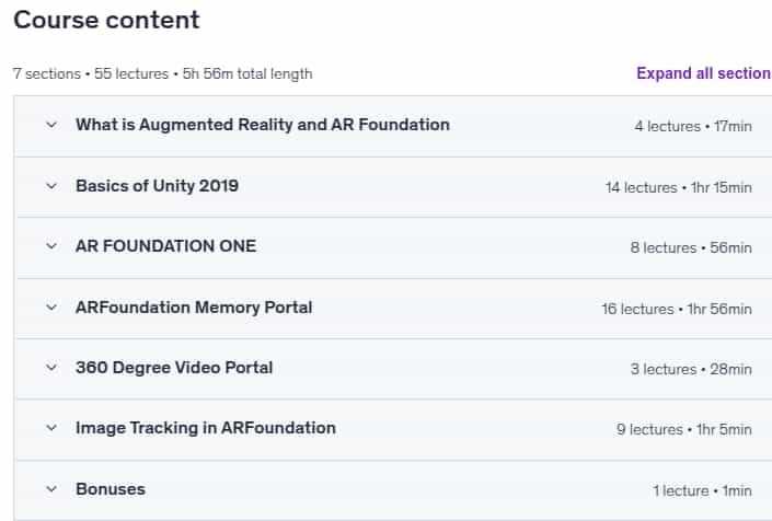 Course topics · Udemy — Build Augmented Reality (AR) apps with ARFOUNDATION & Unity 2023-9
