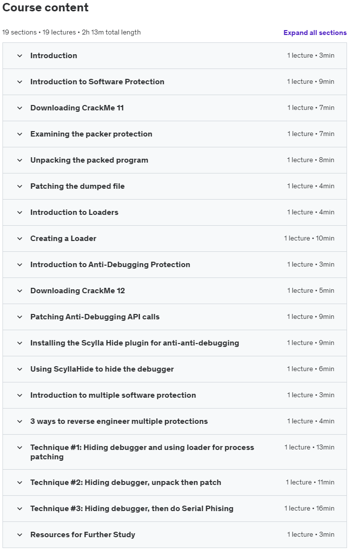 Course topics · Udemy — Reverse Engineering 4: Software Protection 2023-3