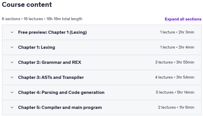 Course topics · Udemy — Coding a C compiler in Javascript 2025-8