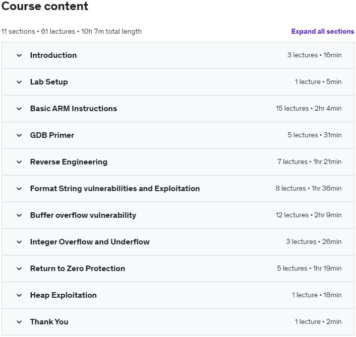 Course topics · Udemy — Reverse Engineering and Exploit development in ARM 2021-11
