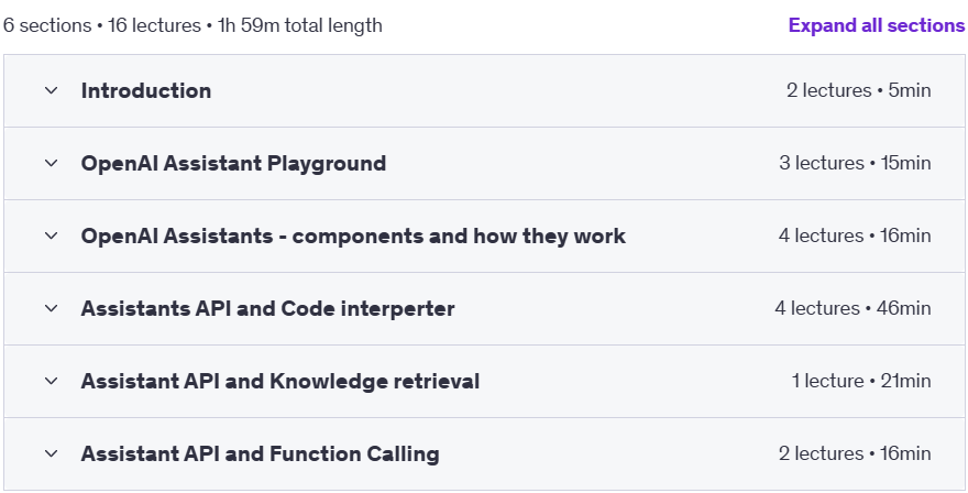 Course topics · Udemy — OpenAI Assistants using OpenAI Python API 2024-2