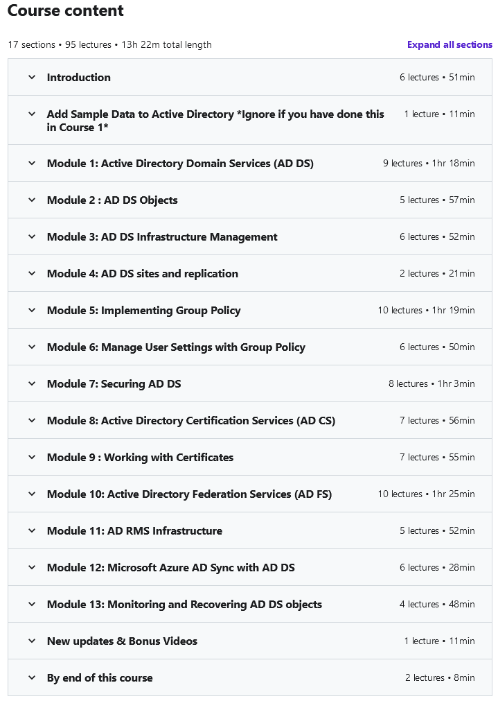 Course topics · Course 3: MCSA Windows Server 2019 Active Directory 2019-11