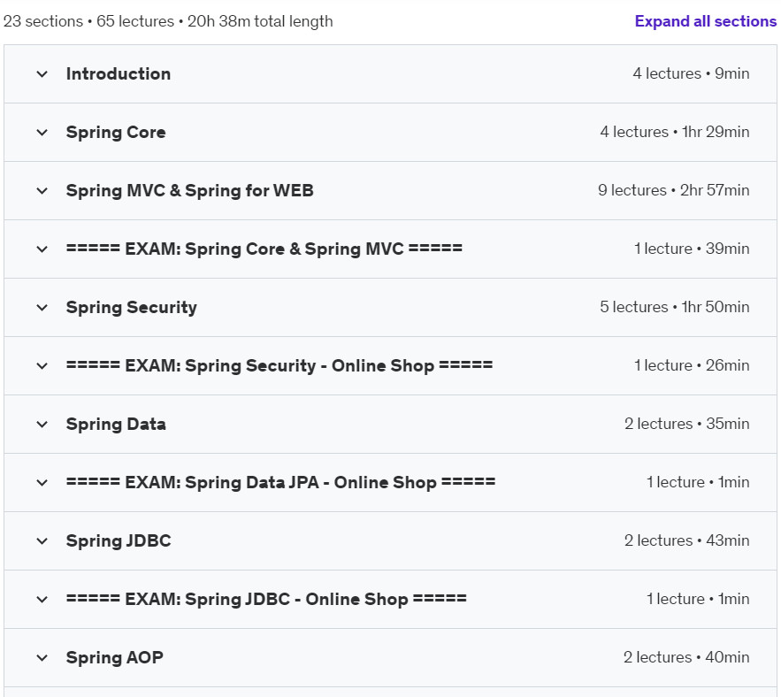 Course topics · Spring Framework for Java Developers: Practical Guide 2024-6