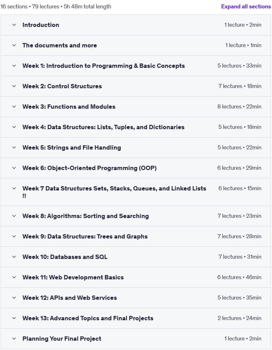 Course topics · Udemy — 100 days Introduction to Programming course with Python 2025-1