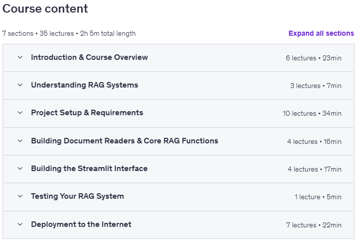 Course topics · Udemy — Build Your Own RAG System with Python, Streamlit & OpenAI 2025-12
