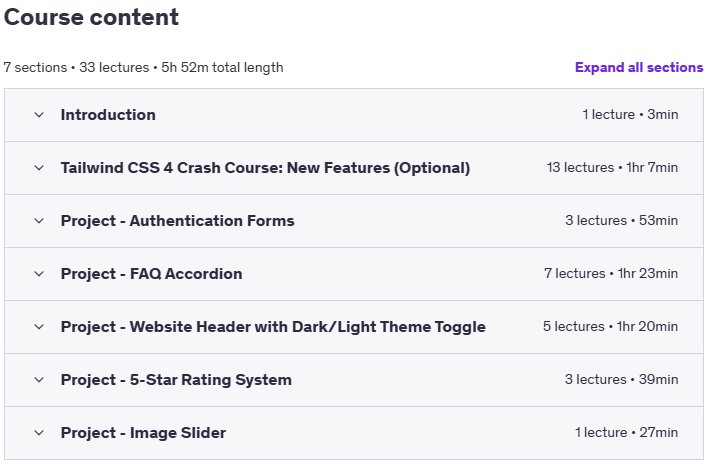 Course topics · Udemy — Tailwind CSS 4: Build 5 Web Projects with React & Tailwind 2025-3