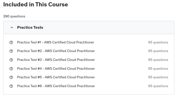 Course topics · Udemy — 6 Practice Exams | AWS Certified Cloud Practitioner CLF-C02 2025-1