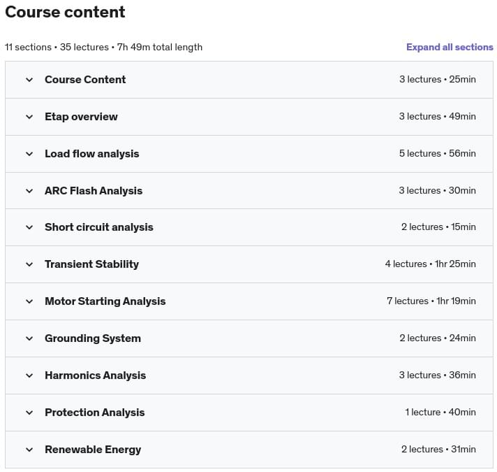 Course topics · Udemy — Complete Etap course for Power Electrical Engineering 2022-7