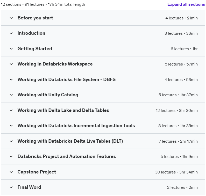 Course topics · Udemy — Databricks – Master Azure Databricks for Data Engineers 2024-1