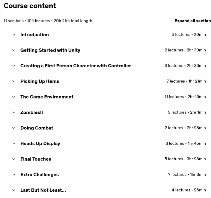 Course topics · Udemy — Build an FPS Zombie Game From Scratch – Unity 6 Compatible 2025-4