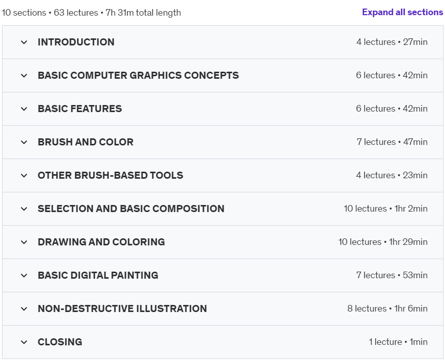 Course topics · Udemy — Digital painting with Krita 5.0 for beginners 2022-8