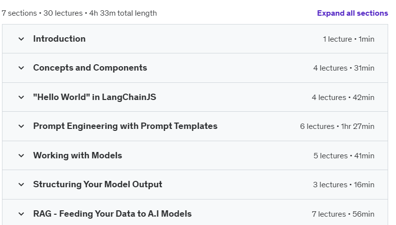 Course topics · LangChain JS – Practical Guide for Javascript Developers 2024-9