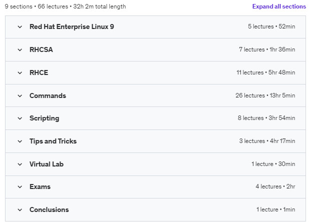Course topics · Red Hat Enterprise Linux RHEL 9, RHCSA and RHCE 2023-8