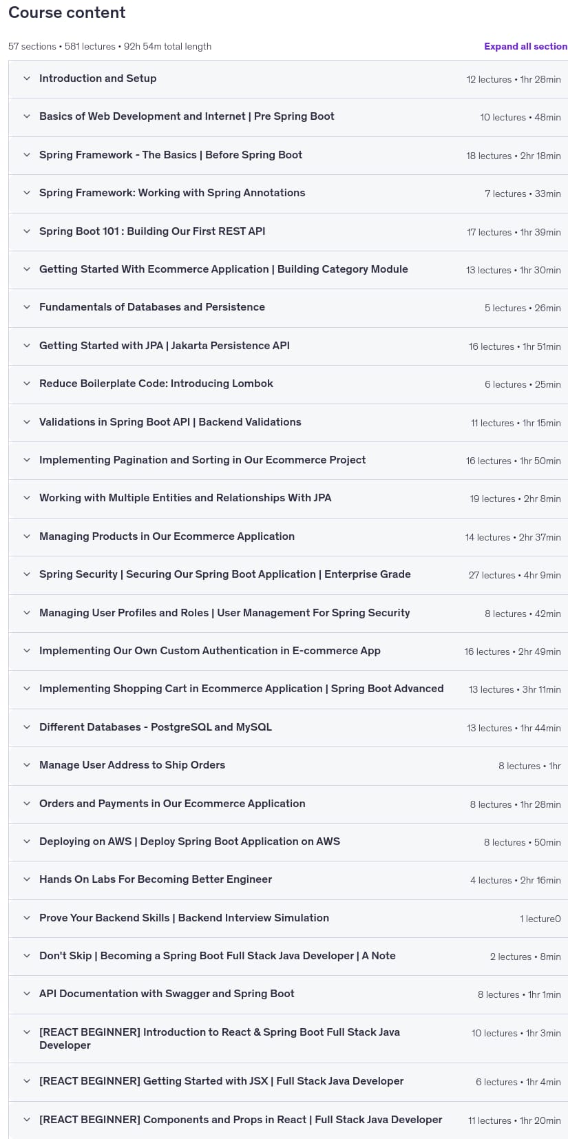 Course topics · Java Spring Boot Full Stack: eCommerce Project Masterclass 2026-5
