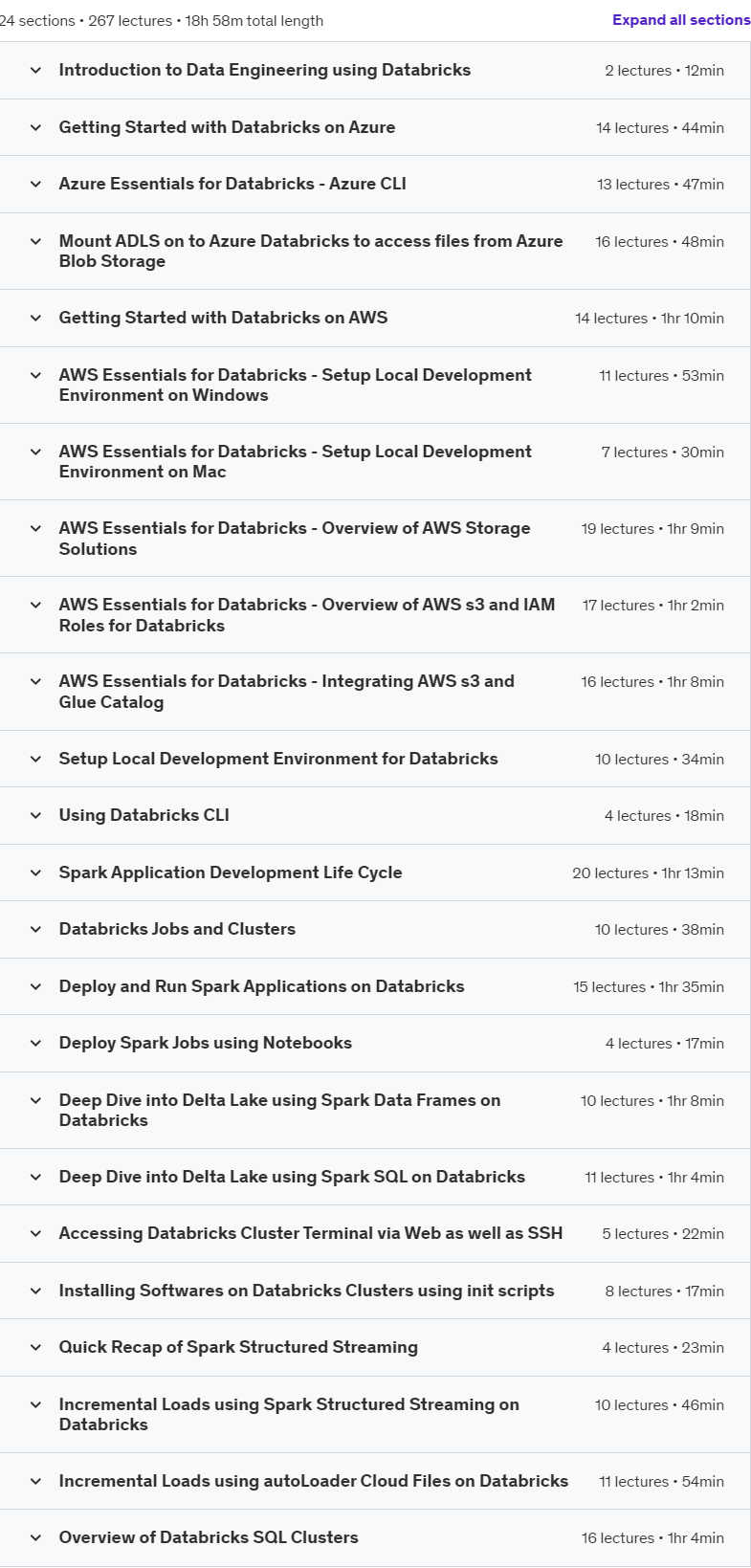 Course topics · Udemy — Data Engineering using Databricks on AWS and Azure 2024-8