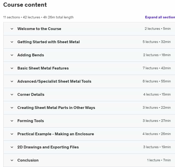 Course topics · Udemy — Solidworks Sheet Metal 2021-1