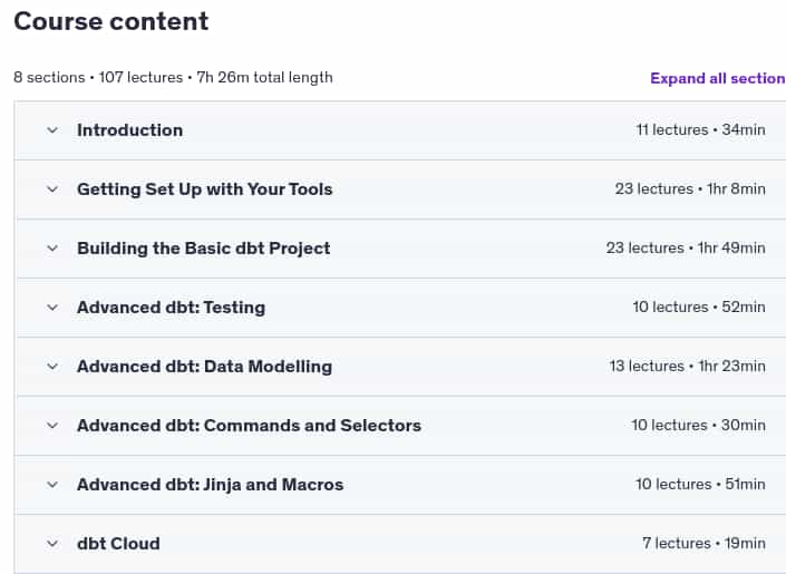 Course topics · Udemy — 2025 Mastering dbt (Data Build Tool) – From Beginner to Pro 2025-4