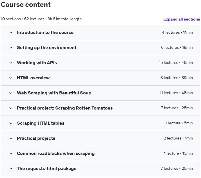 Course topics · Udemy — Web Scraping and API Fundamentals in Python 2020-3