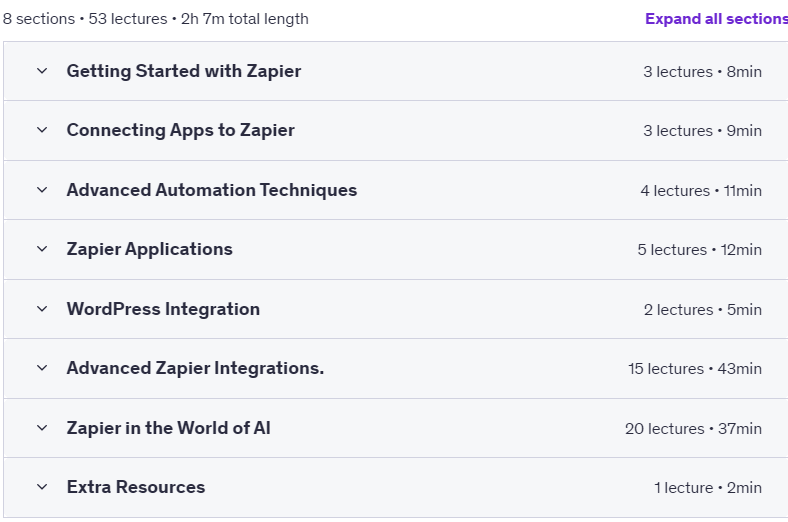 Course topics · Udemy — Zapier 101 | The Ultimate Automation Course for Beginners! 2023-4